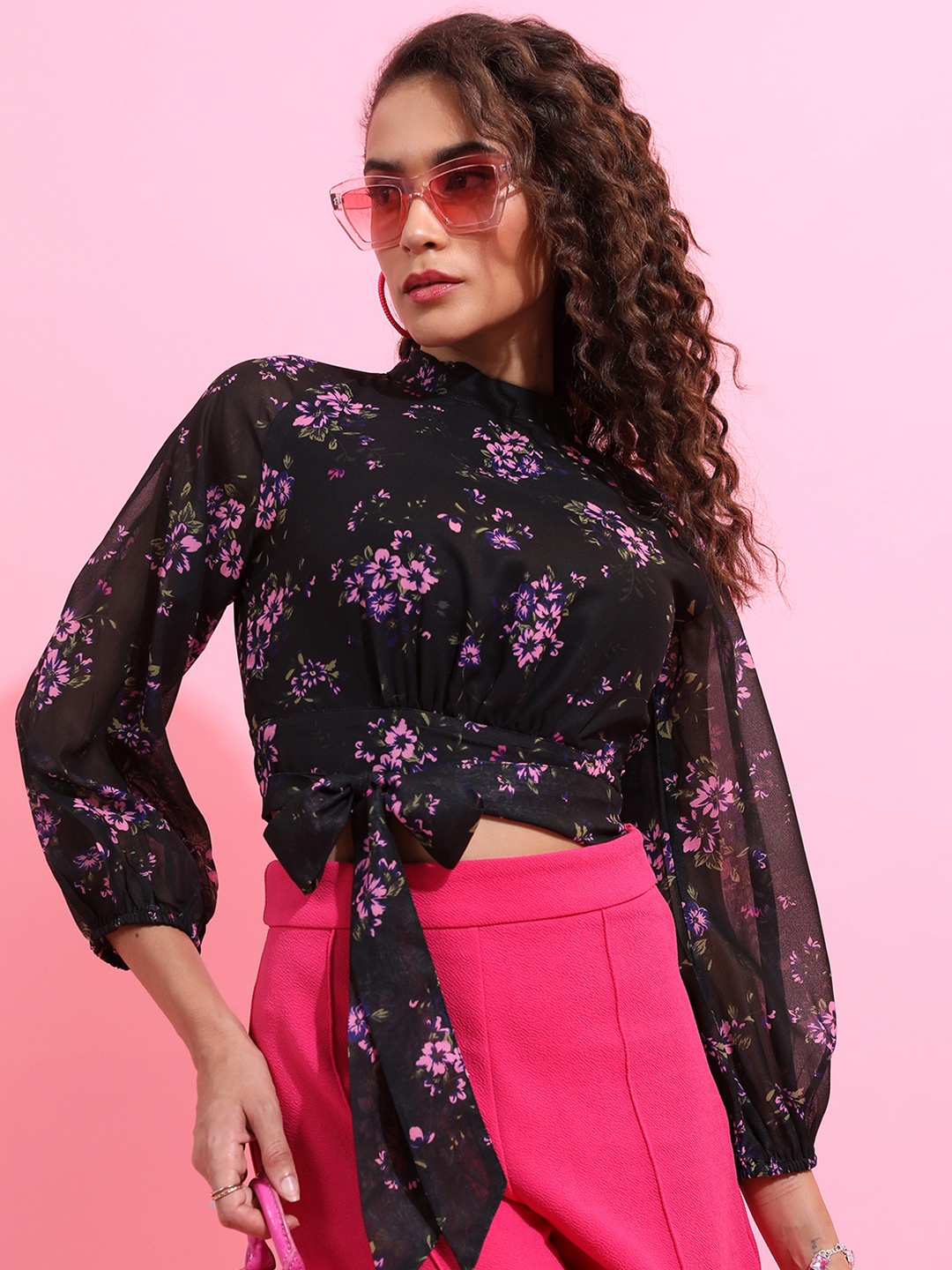 

KETCH Floral Printed High Neck Waist Tie-Ups Blouson Crop Top, Black