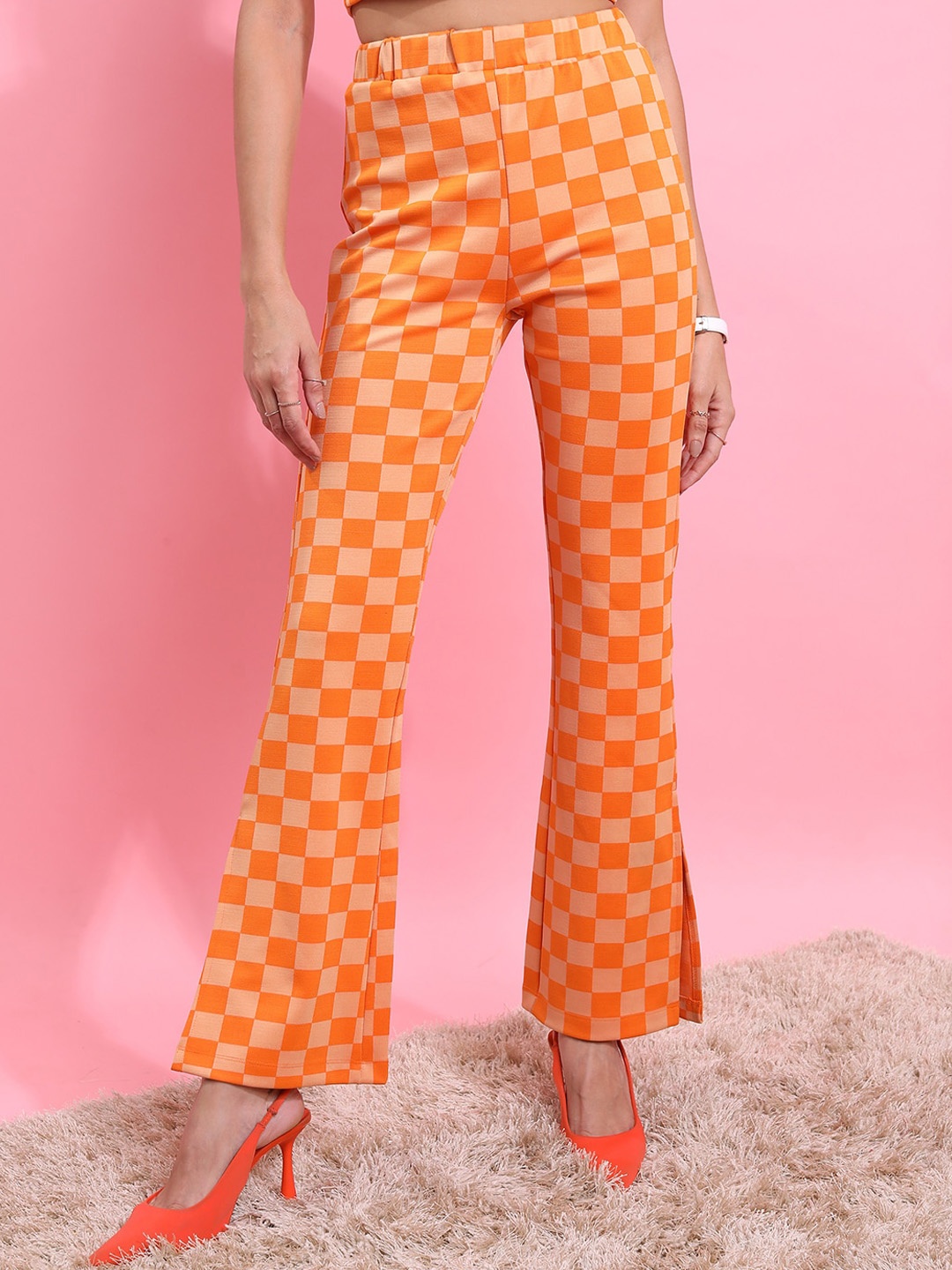 

Tokyo Talkies Women Orange Checked Flared Jacquard Trousers