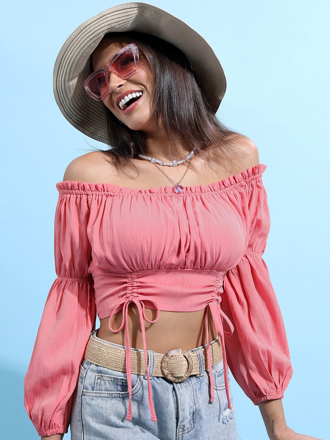 

Tokyo Talkies Rose Self Design Puff Sleeves Bardot Crop Top