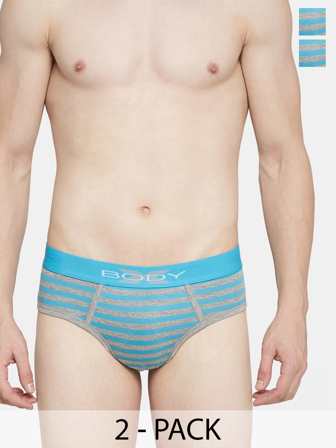 

BODYX Pack of 2 Striped Ribbed Cotton Briefs BX03B-TRQ-2-S, Turquoise blue