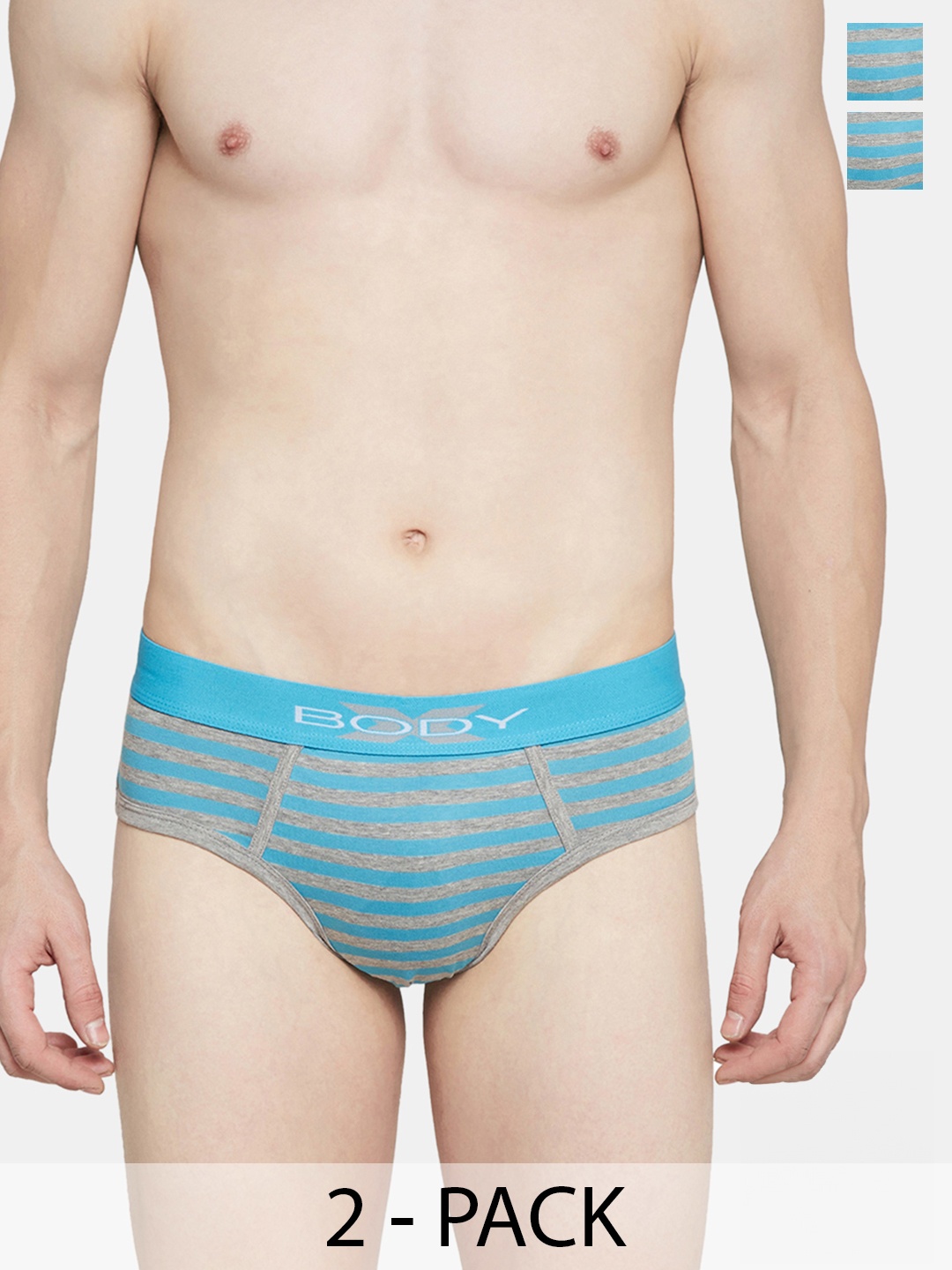 

BODYX Pack Of 2 Striped Cotton Basic Briefs BX03B, Turquoise blue