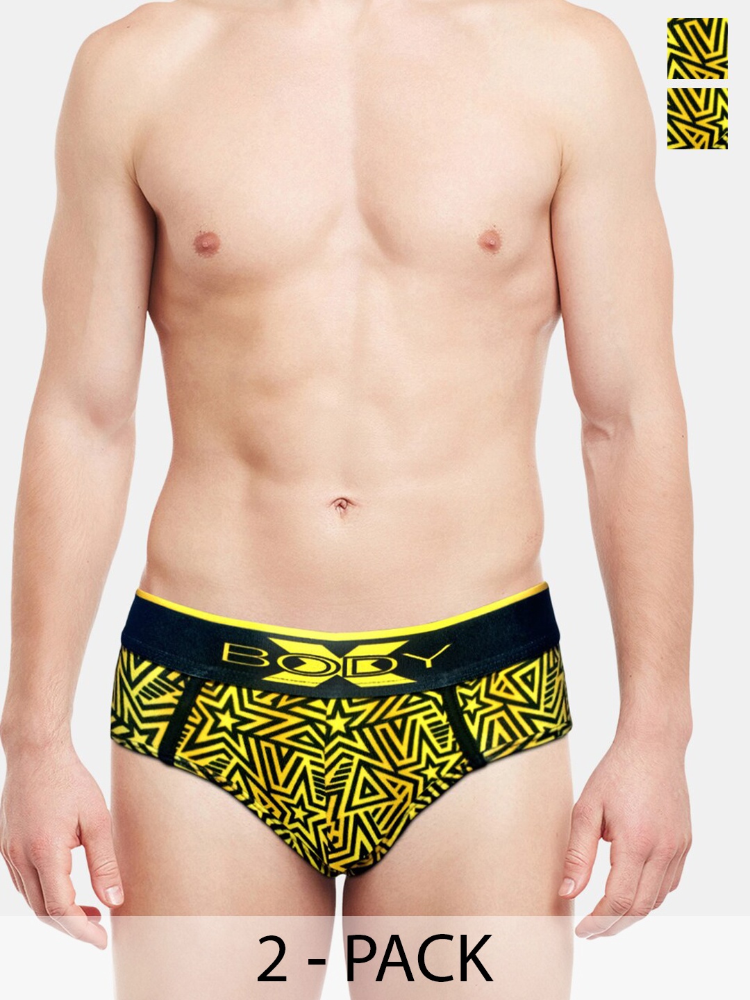 

BODYX Men Pack of 2 Geometric Printed Cotton Basic Briefs BX01B-Print9-2PCS-XL, Yellow