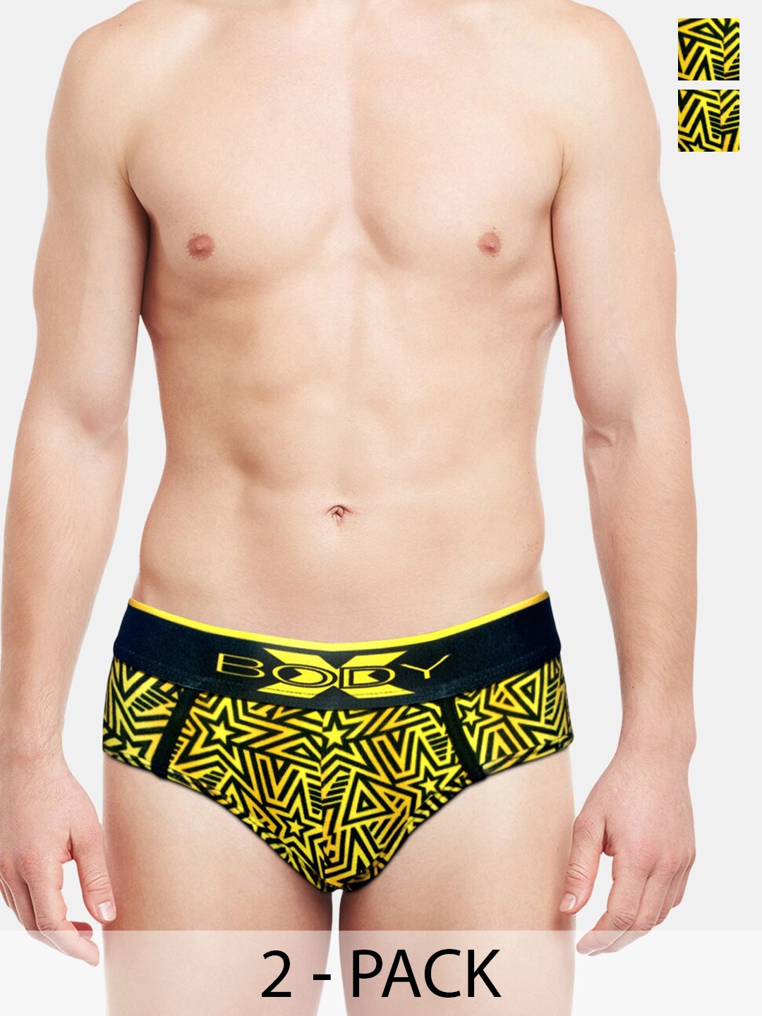 

BODYX Men Pack Of 2 Geometric Printed Cotton Basic Briefs BX01B-Print9-2PCS-S, Yellow