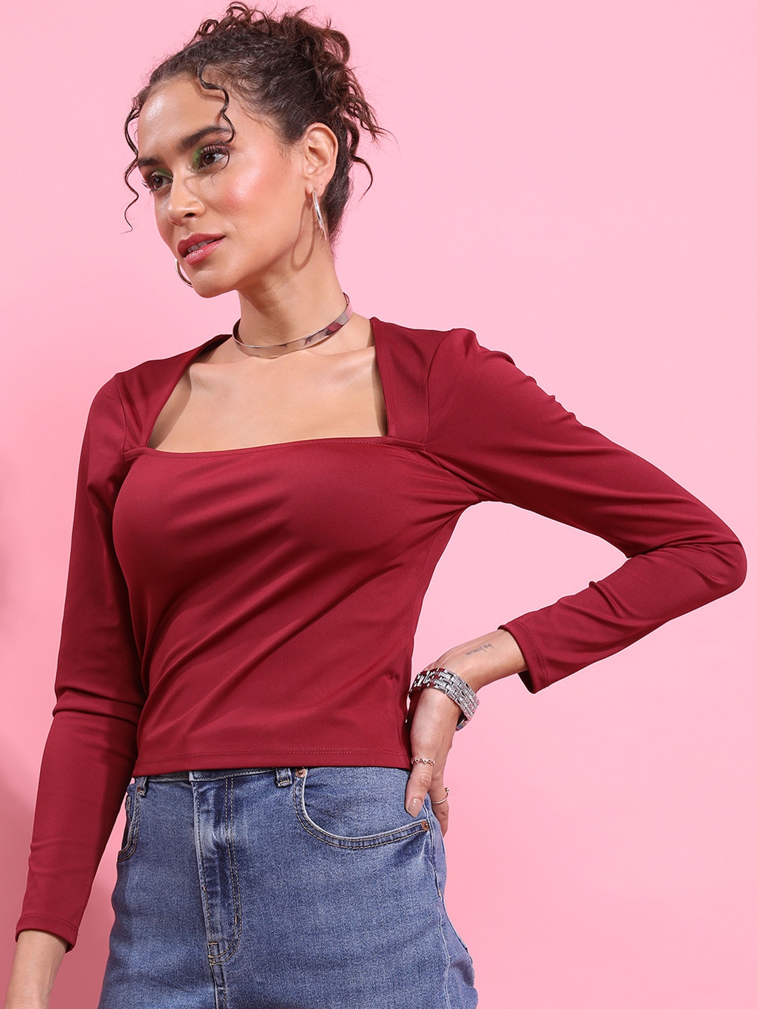

KETCH Square Neck Fitted Crop Top, Maroon