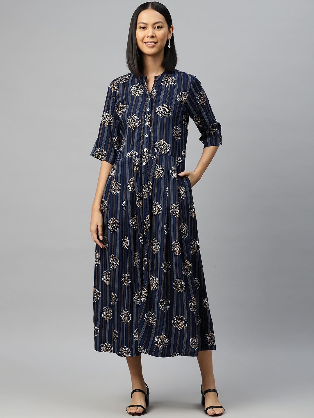 

Ayaany Floral Print Mandarin Collar Midi Ethnic Shirt Dress, Navy blue