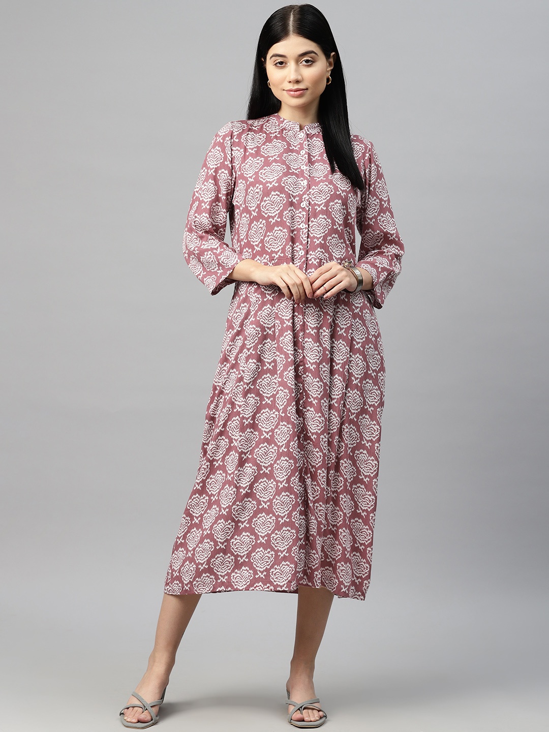 

Ayaany Abstract Print Mandarin Collar Midi Ethnic Shirt Dress, Pink