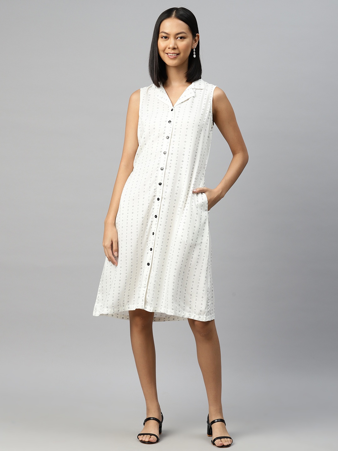 

Ayaany Abstract Print Mandarin Collar Shirt Dress, White