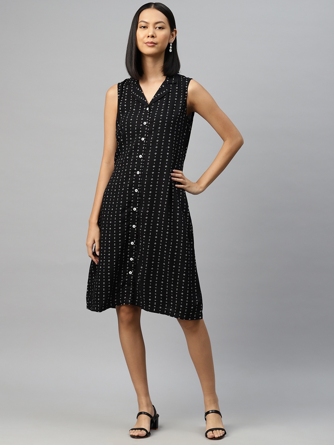 

Ayaany Abstract Print Mandarin Collar Shirt Dress, Black