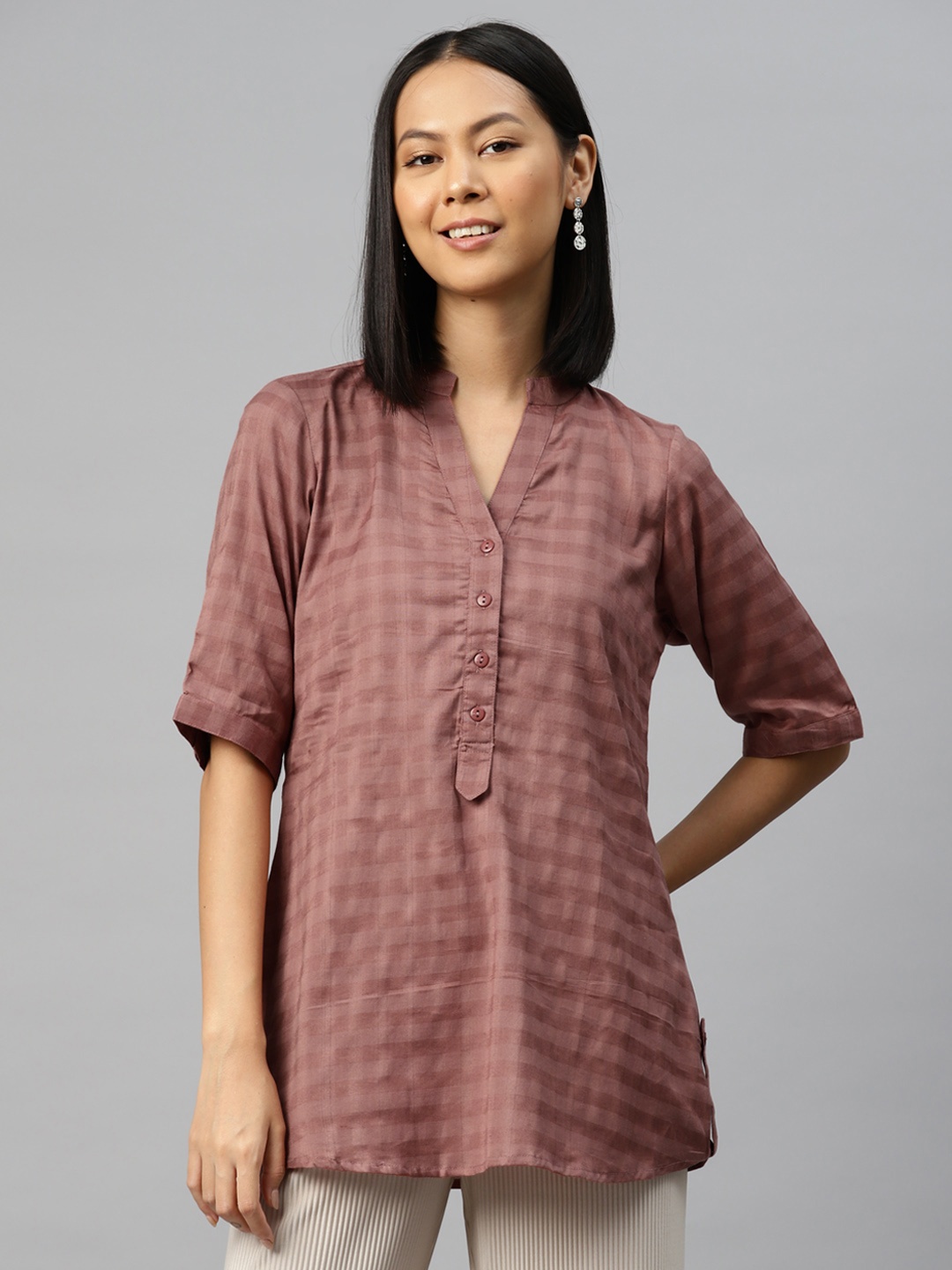 

Ayaany Checked Mandarin Collar Cotton Shirt Style Longline Top, Brown