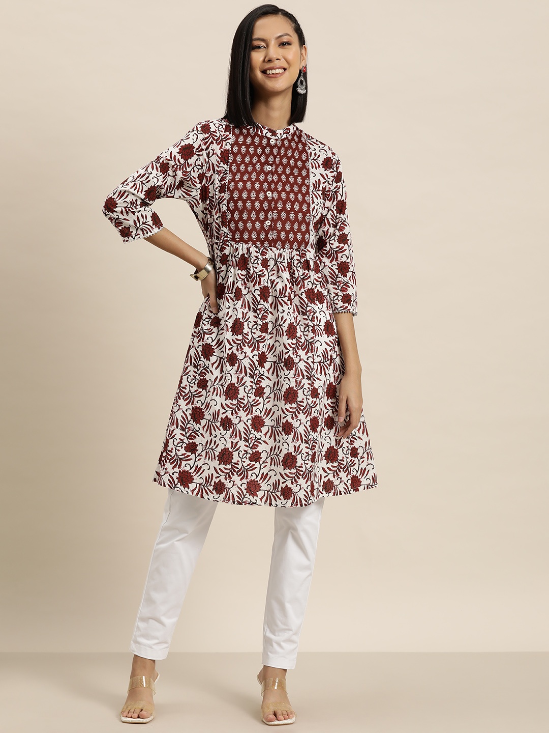 

HERE&NOW Floral Printed Mandarin Collar Pure Cotton Kurta, Off white