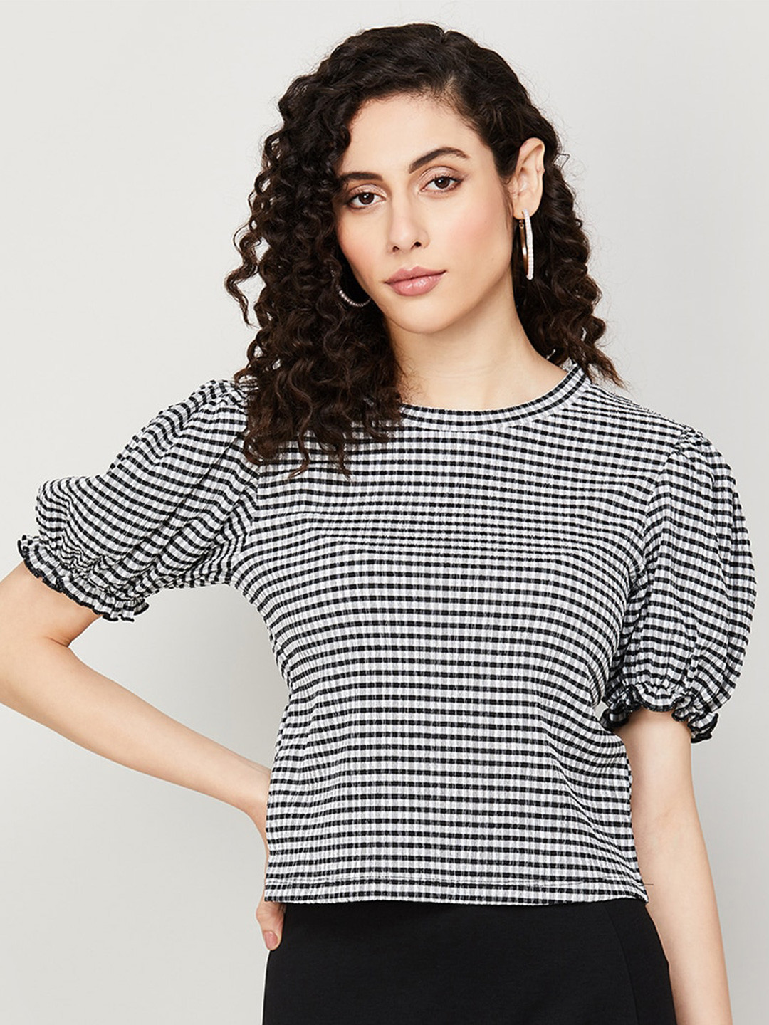 

Ginger by Lifestyle Checked Puff Sleeve Cotton Top, Black