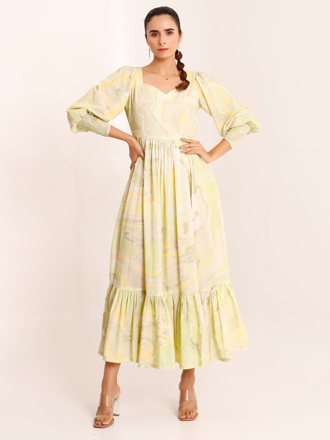 

PHEETA Floral Print Puff Sleeve Fit & Flare Maxi Dress, Green