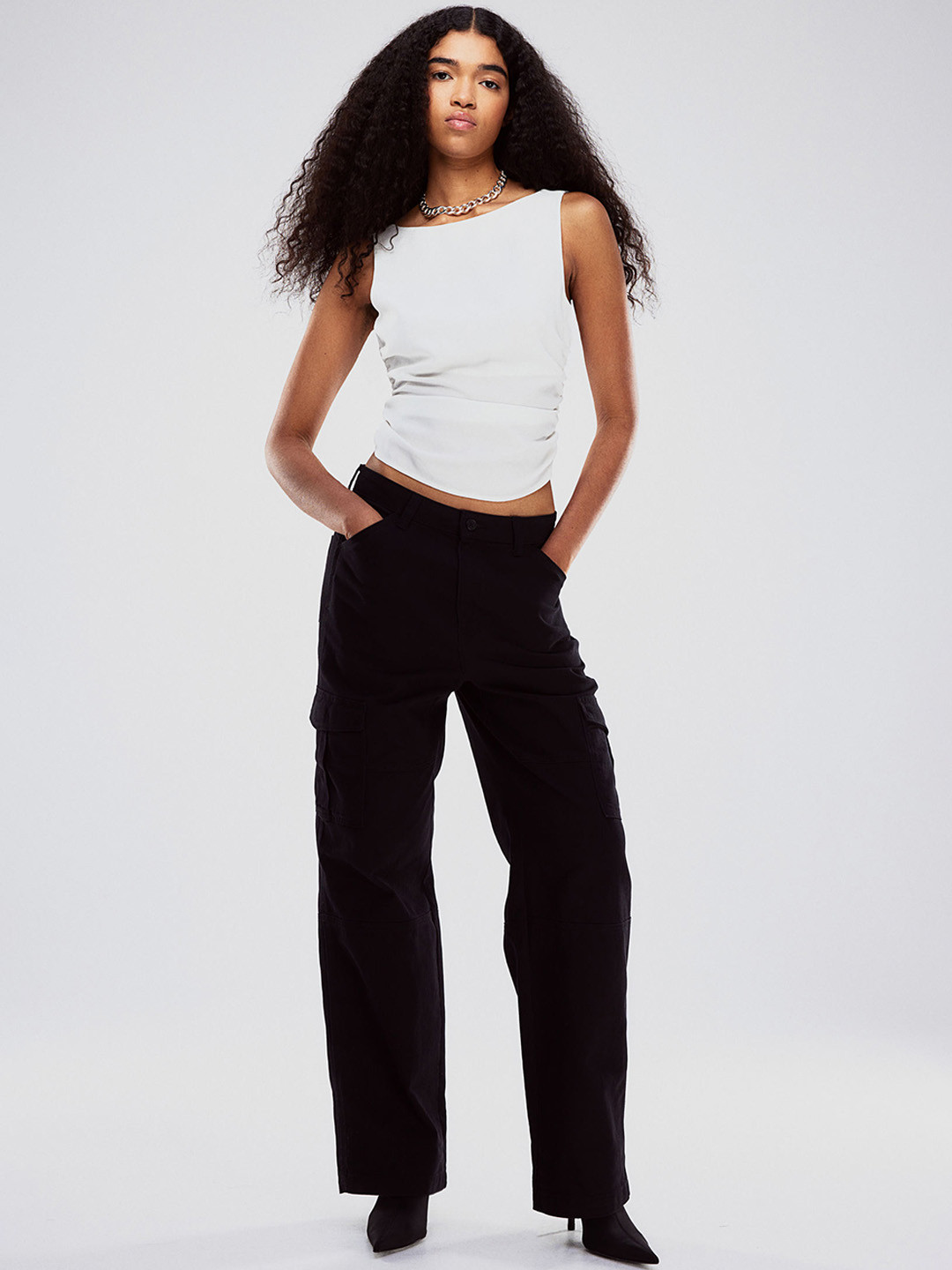 

H&M Twill Cargo Trousers, Black