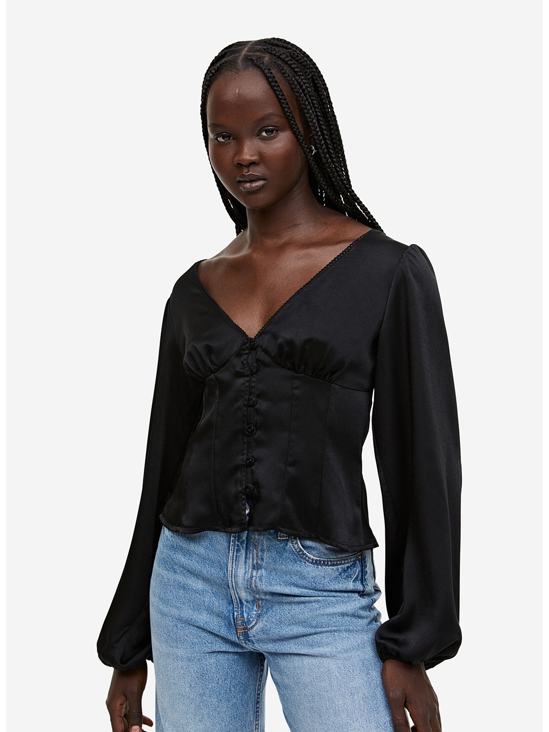 

H&M Balloon-Sleeved Satin Blouse, Black