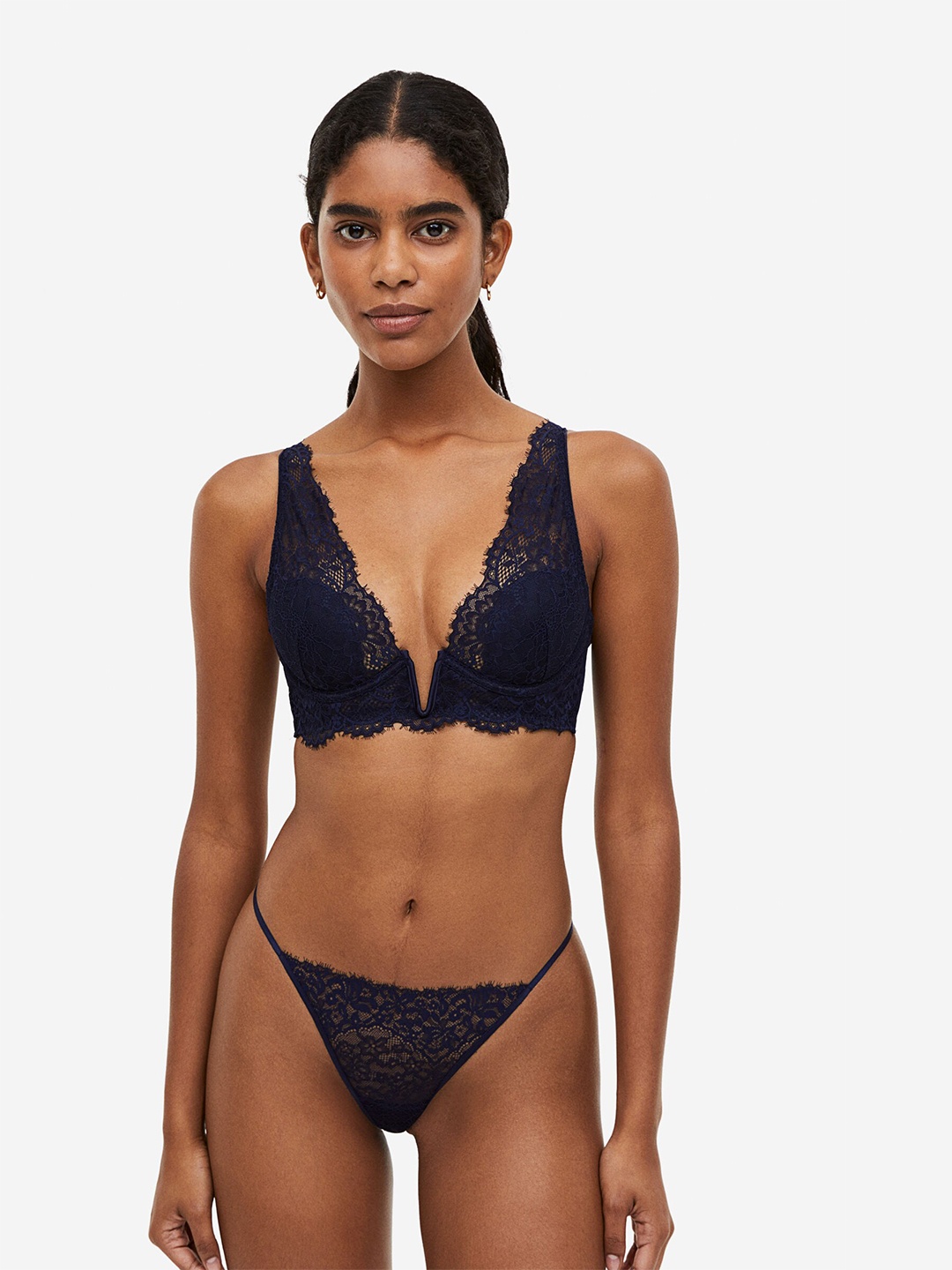 

H&M Padded Underwired Lace Bra, Navy blue