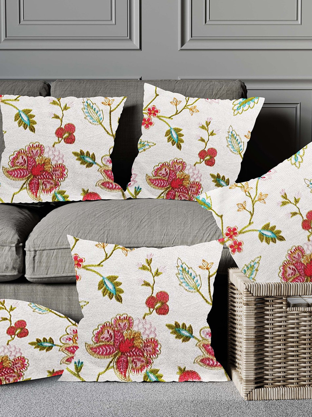 

Just Home White & Red 5 Pieces Floral Cotton Square Cushion Covers