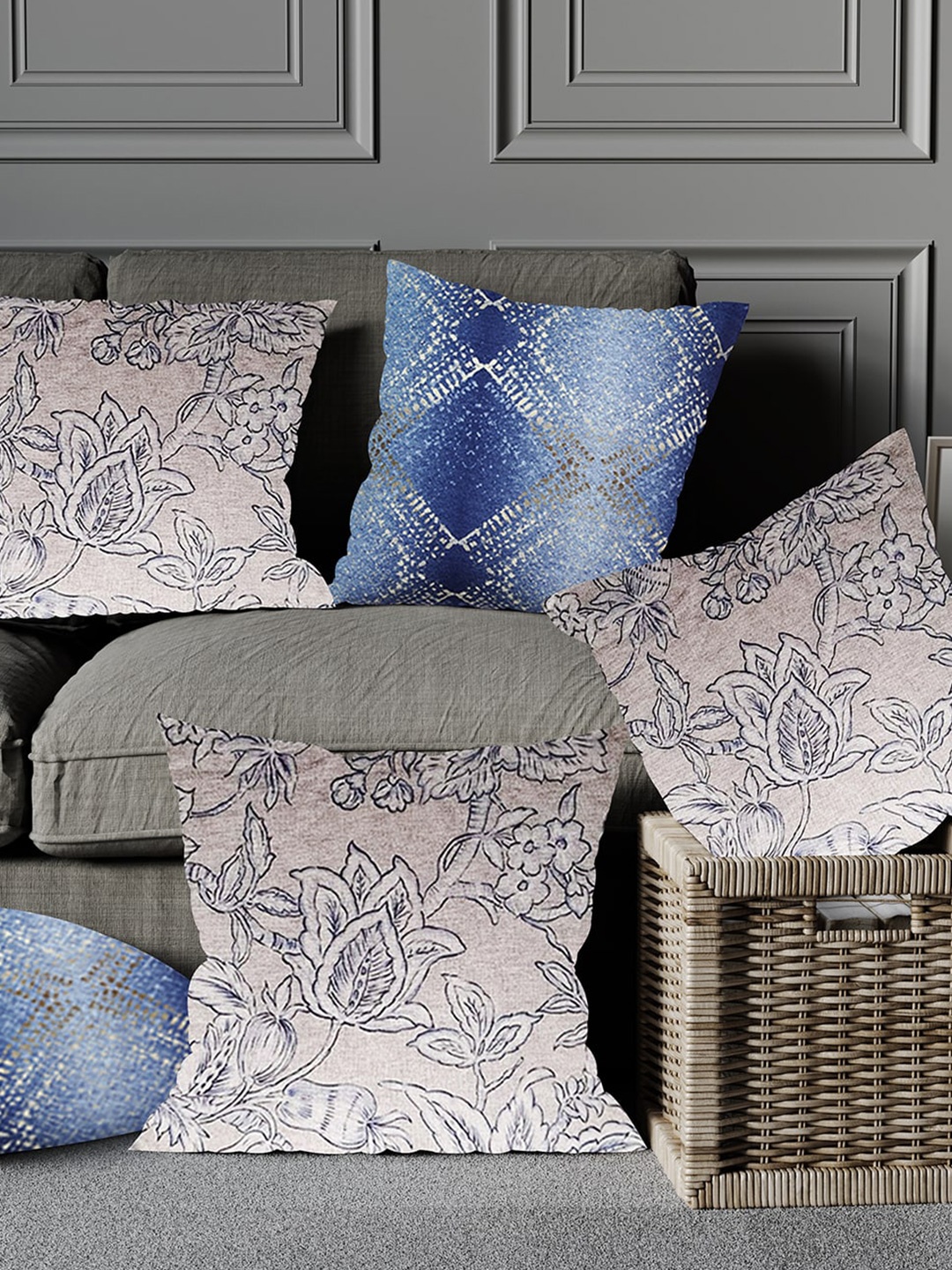 

Just Home Blue & White 5 Pieces Floral Cotton Square Cushion Covers