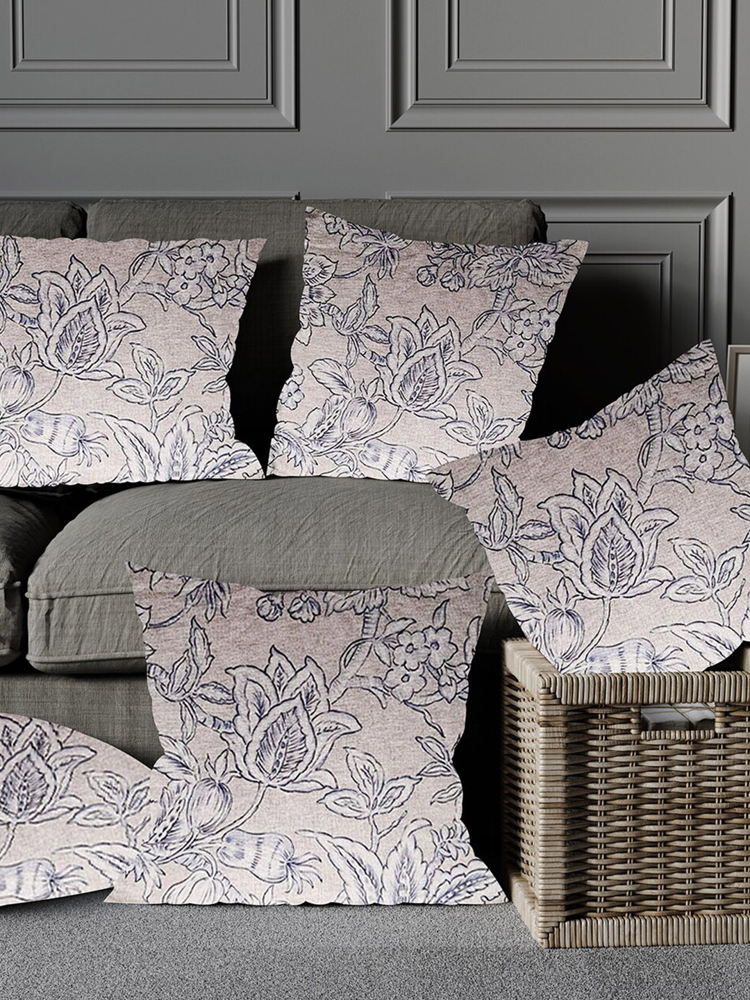 

Just Home Beige & Grey 5 Pieces Floral Cotton Square Cushion Covers