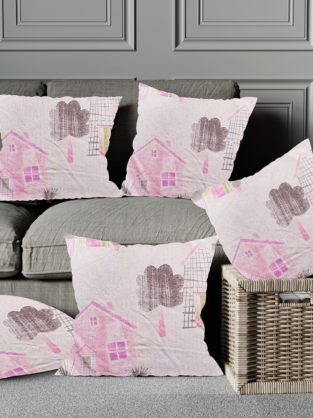 

Just Home Pink & Brown 5 Pieces Abstract Printed Cotton Square Cushion Covers