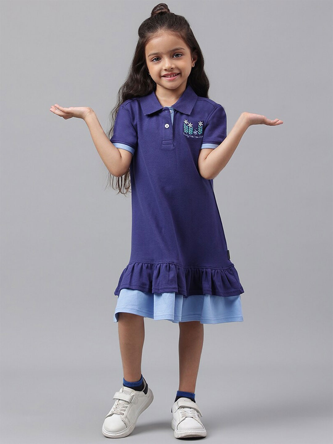 

Beverly Hills Polo Club Girls Shirt Collar Gathered Cotton Drop Waist Dress, Blue