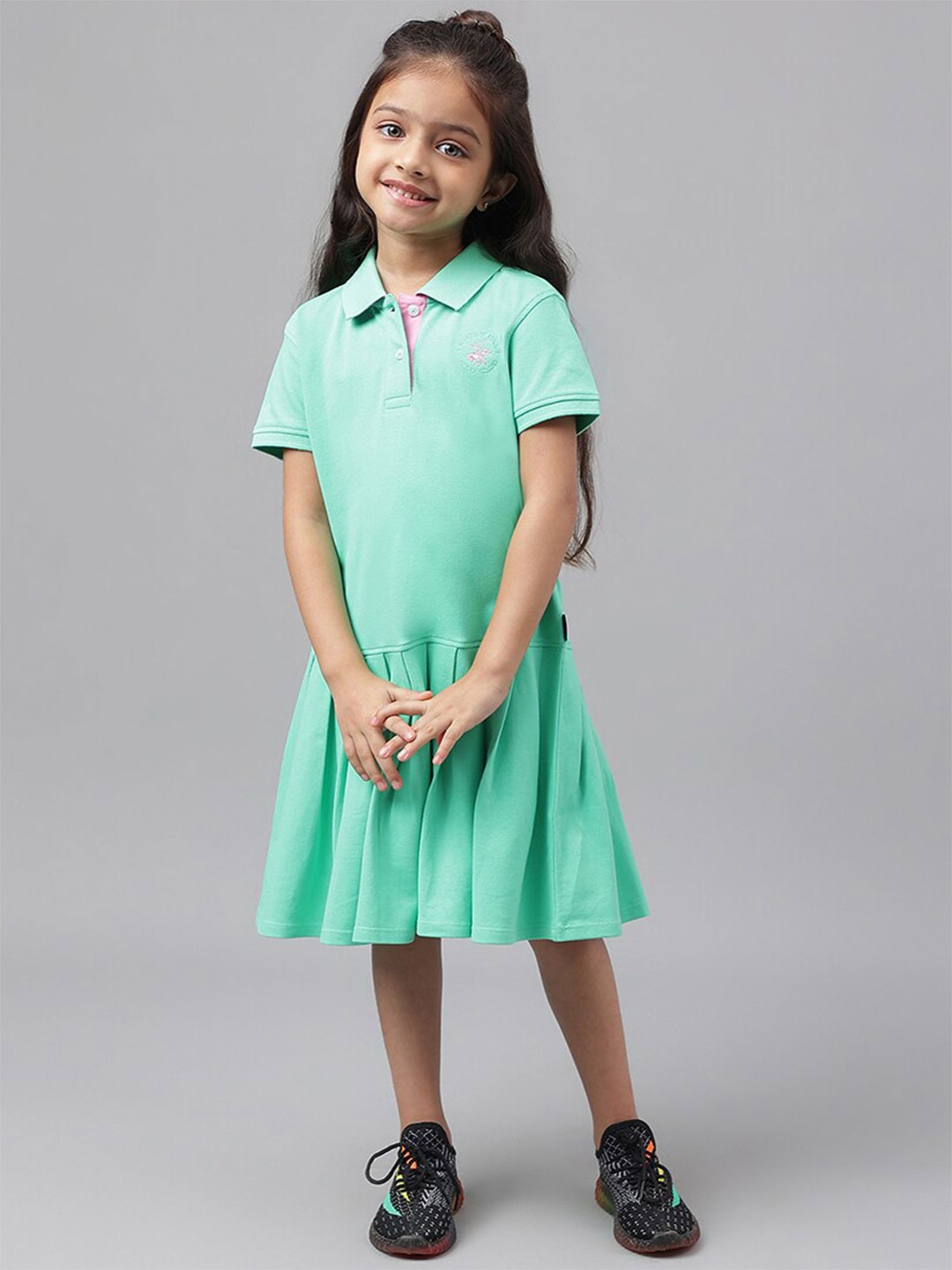 

Beverly Hills Polo Club Girls Shirt Collar Pleated Cotton Drop Waist Dress, Green