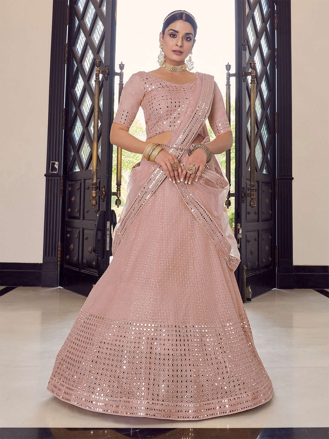

ODETTE Embellished Thread Work Semi-Stitched Lehenga & Unstitched Blouse With Dupatta, Peach