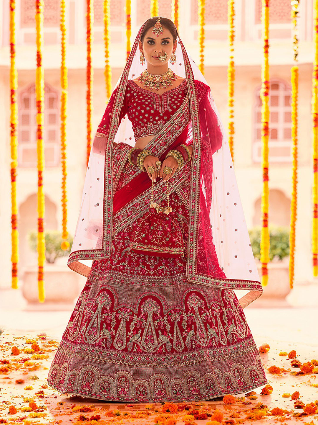 

ODETTE Red & Gold-Toned Embroidered Thread Work Semi-Stitched Lehenga & Unstitched Blouse With Dupatta