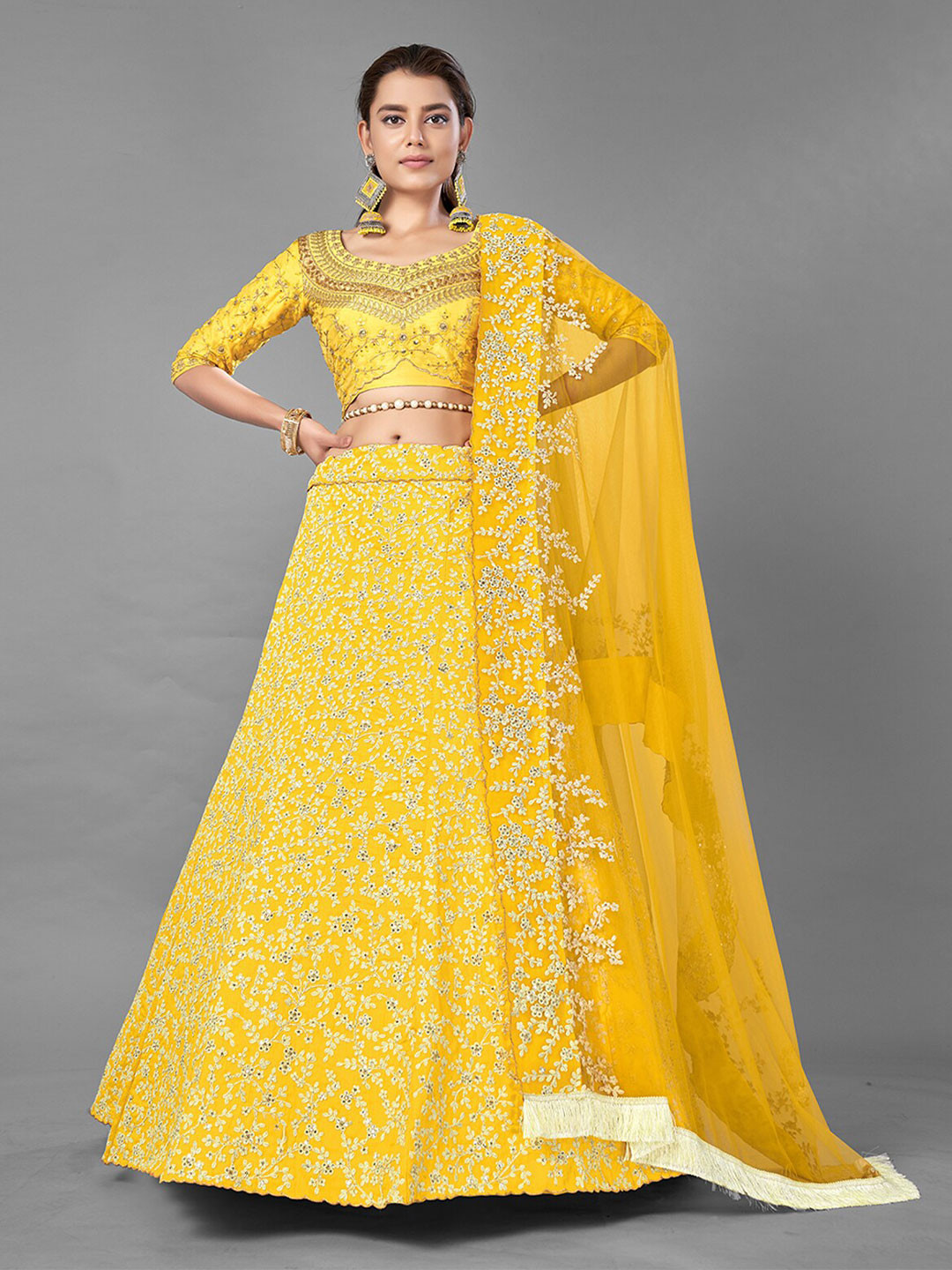 

ODETTE Embroidered Art Silk Semi-Stitched Lehenga & Unstitched Blouse With Dupatta, Yellow