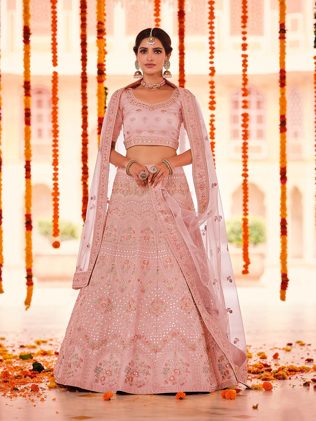 

ODETTE Pink Embroidered Semi-Stitched Lehenga & Unstitched Blouse With Dupatta