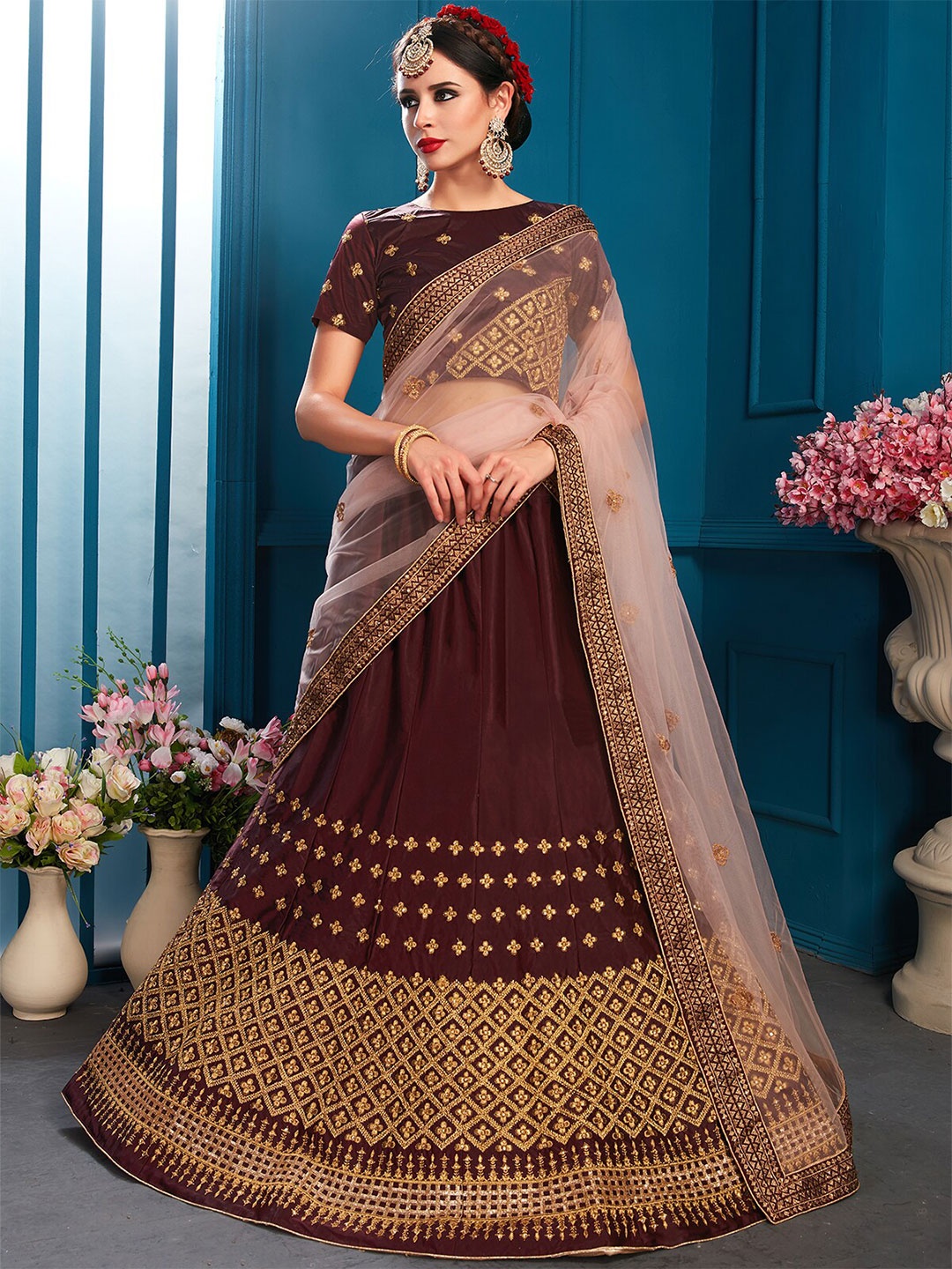 

ODETTE Brown & Gold-Toned Embroidered Semi-Stitched Lehenga & Unstitched Blouse With Dupatta