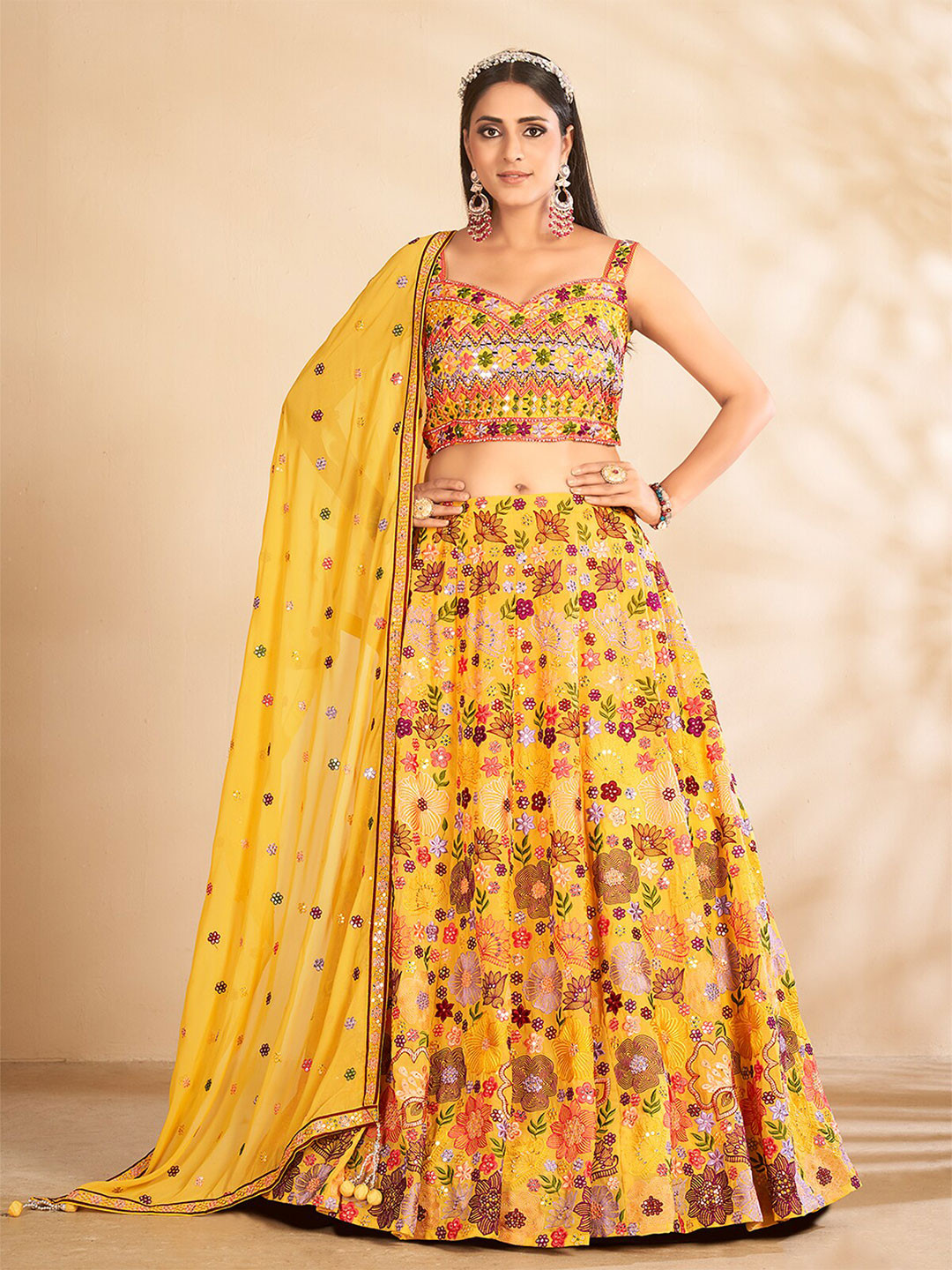 

ODETTE Mustard & Red Printed Semi-Stitched Lehenga & Unstitched Blouse With Dupatta