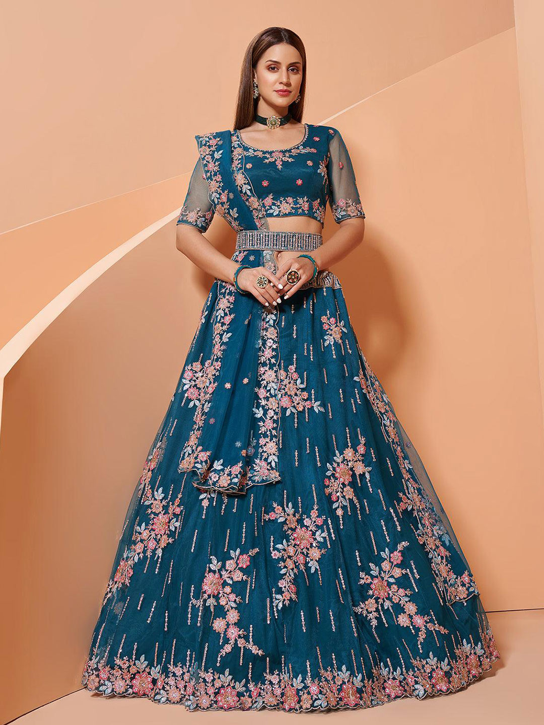 

ODETTE Blue & Pink Embroidered Thread Work Semi-Stitched Lehenga & Unstitched Blouse With Dupatta