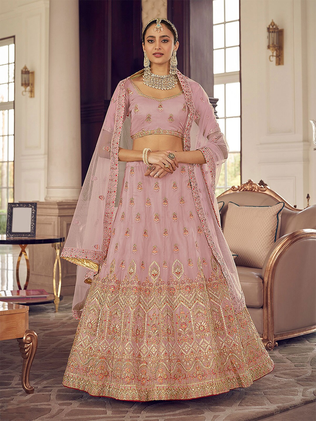 

ODETTE Pink & Gold-Toned Embroidered Semi-Stitched Lehenga & Unstitched Blouse With Dupatta