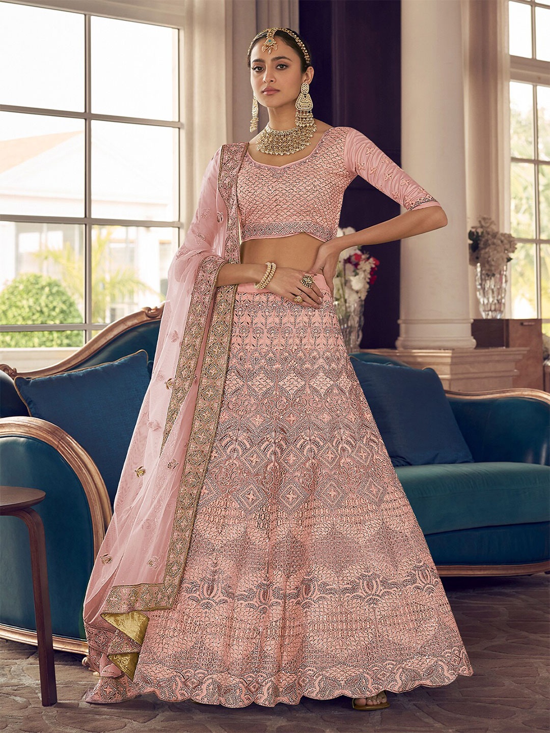 

ODETTE Embroidered Thread Work Semi-Stitched Lehenga & Unstitched Blouse With Dupatta, Peach