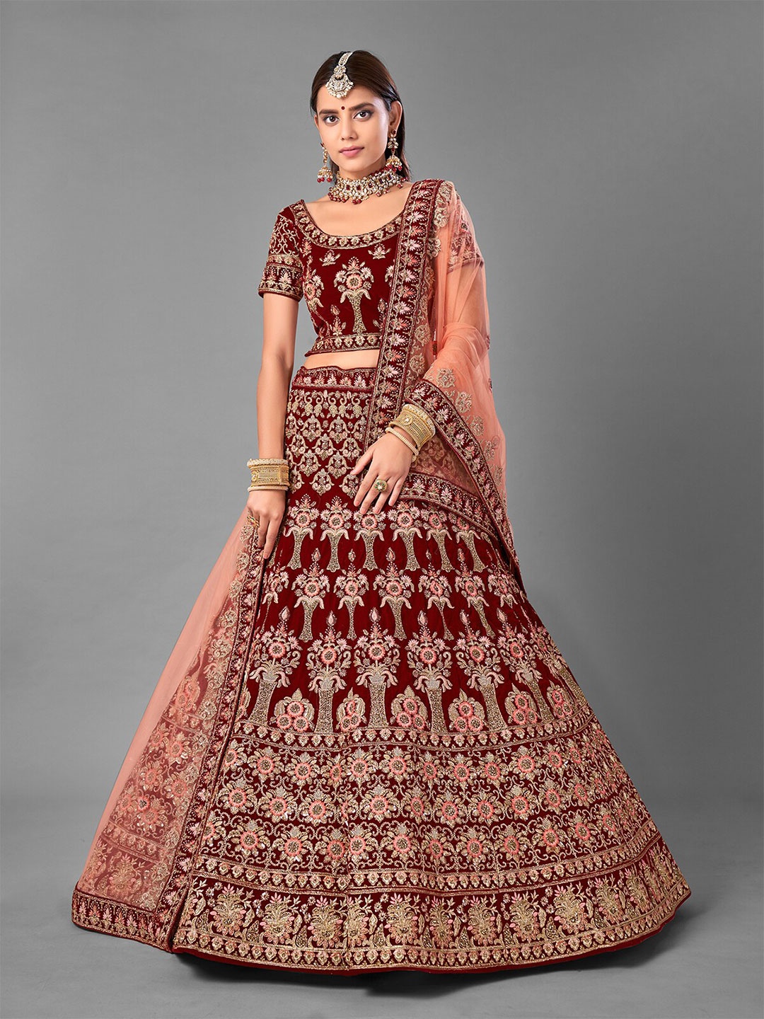 

ODETTE Embroidered Sequinned Semi-Stitched Lehenga & Unstitched Blouse With Dupatta, Maroon