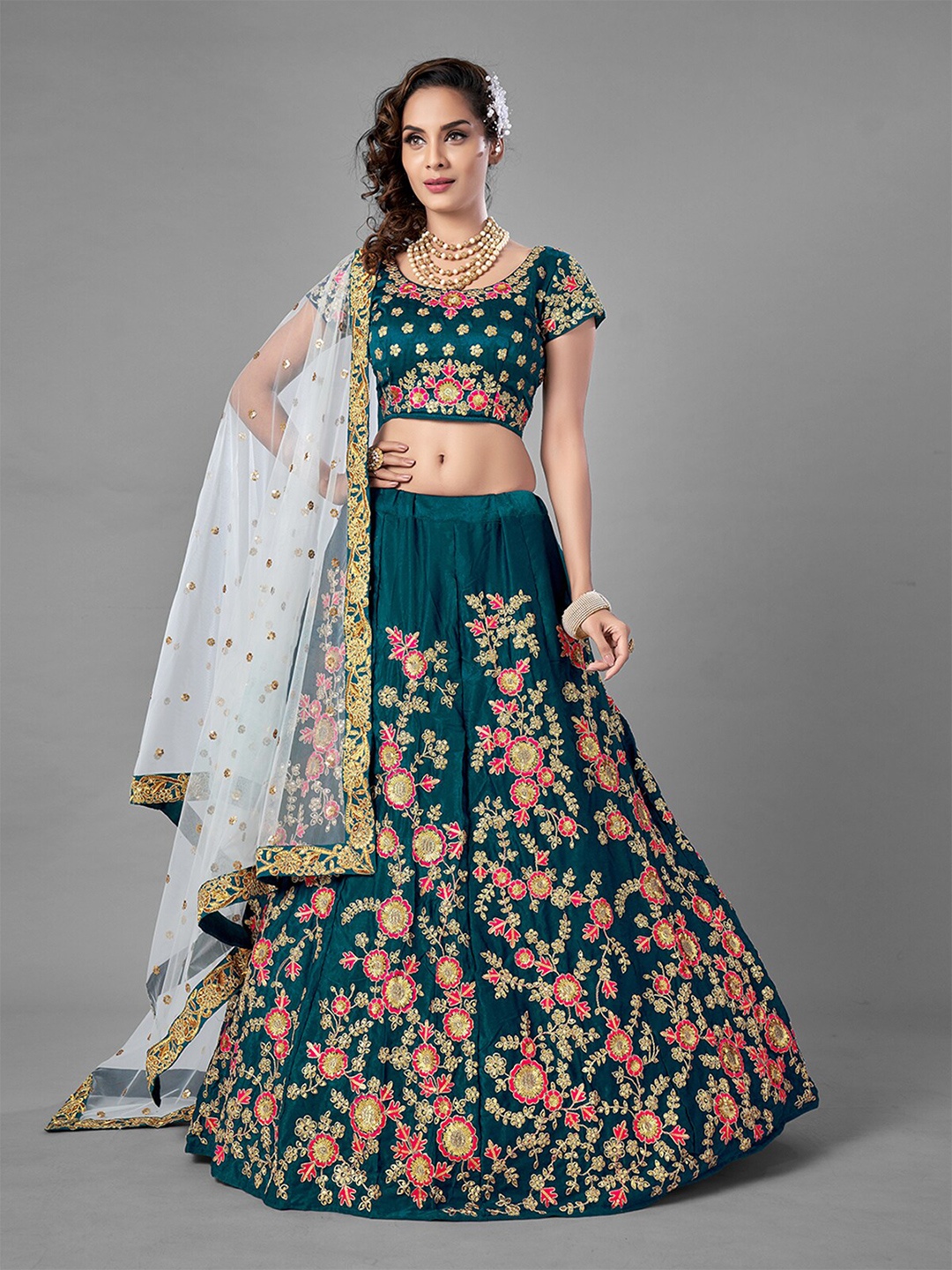 

ODETTE Embroidered Semi-Stitched Lehenga & Unstitched Blouse With Dupatta, Teal