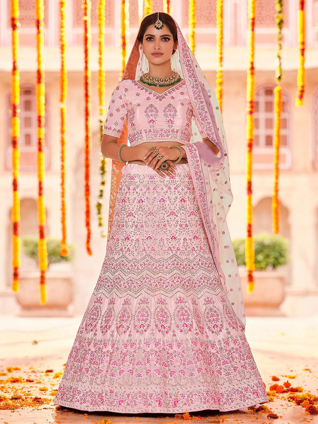 

ODETTE Embroidered Thread Work Semi-Stitched Lehenga & Unstitched Blouse With Dupatta, Pink