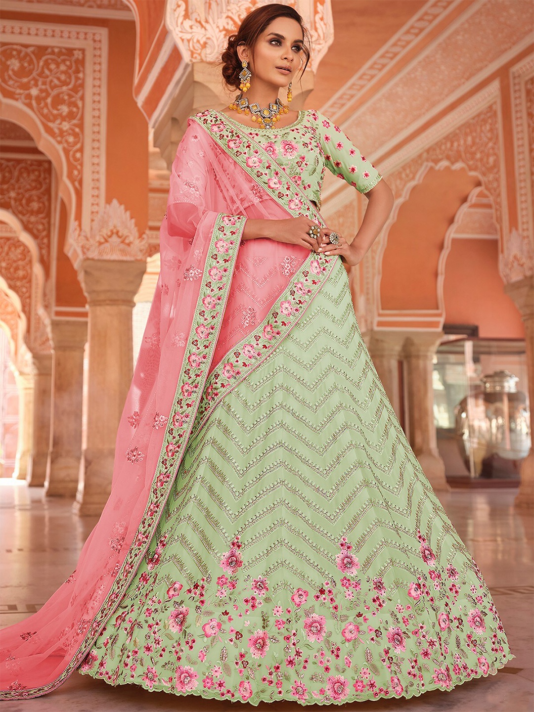

ODETTE Embroidered Semi-Stitched Lehenga & Unstitched Blouse With Dupatta, Green