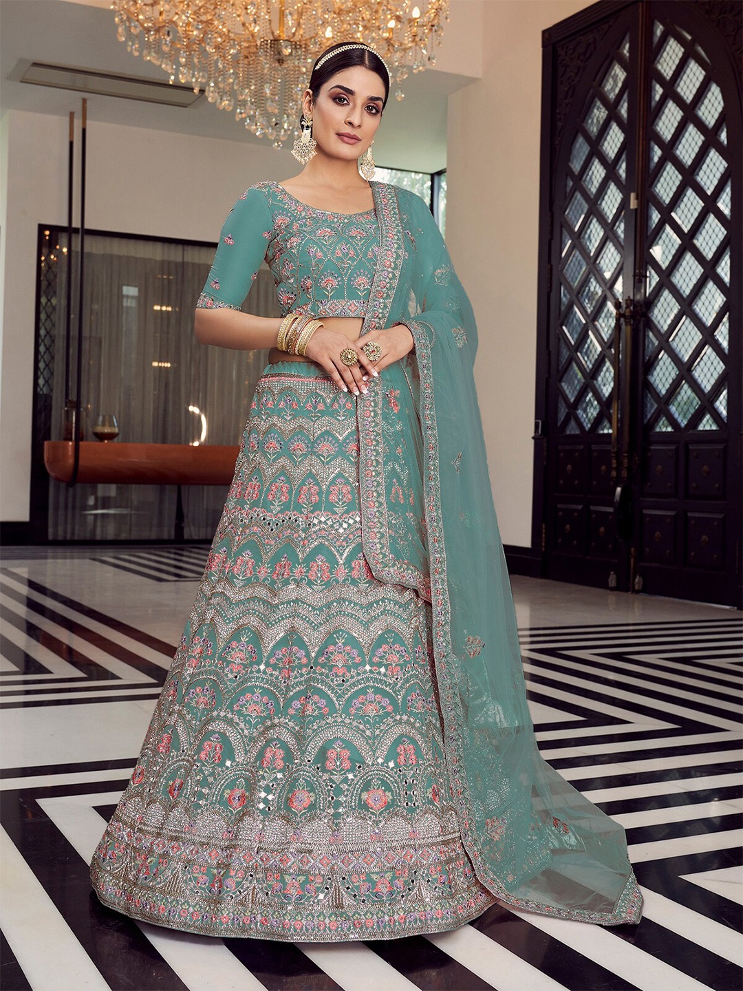 

ODETTE Embroidered Semi-Stitched Lehenga & Unstitched Blouse With Dupatta, Sea green