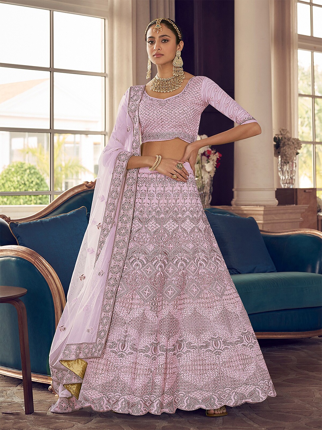 

ODETTE Thread Work Semi-Stitched Lehenga & Unstitched Blouse With Dupatta, Purple