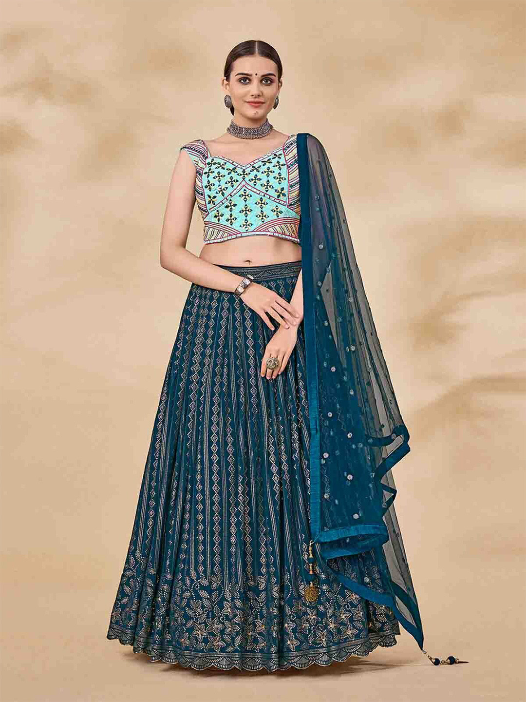 

ODETTE Embroidered Thread Work Semi-Stitched Lehenga & Unstitched Blouse With Dupatta, Teal