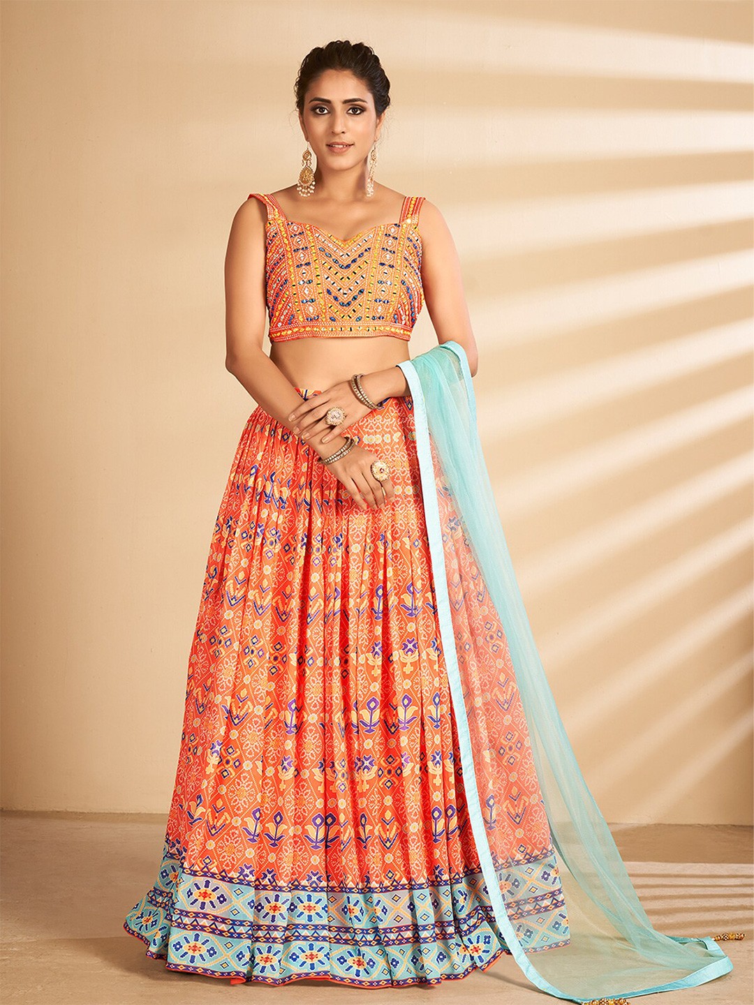 

ODETTE Embroidered Thread Work Semi-Stitched Lehenga & Unstitched Blouse With Dupatta, Orange