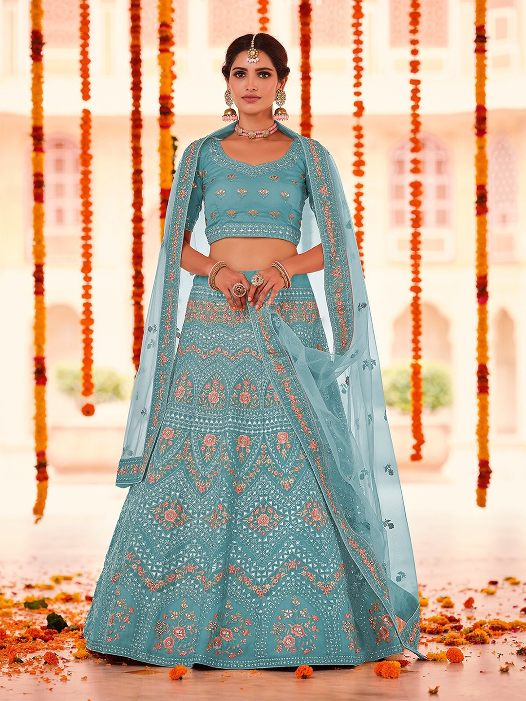 

ODETTE Blue & Pink Embroidered Thread Work Semi-Stitched Lehenga & Unstitched Blouse With Dupatta