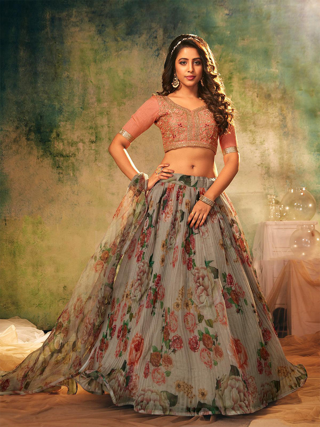 

ODETTE Grey & Orange Embroidered Thread Work Semi-Stitched Lehenga & Unstitched Blouse With Dupatta