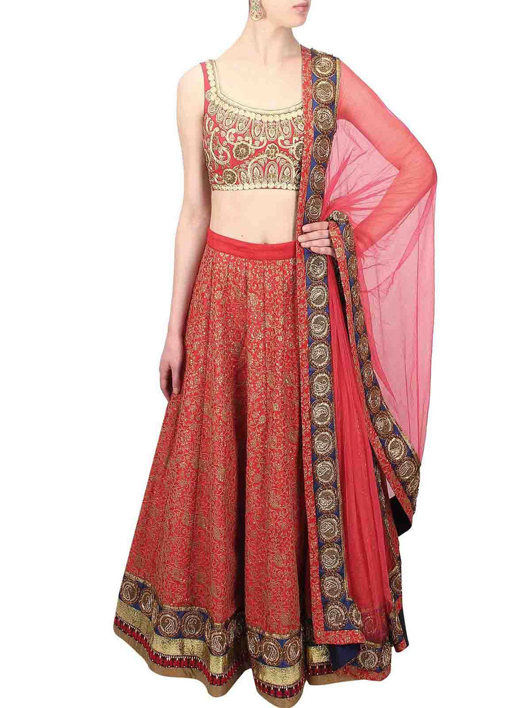 

ODETTE Red & Gold-Toned Embroidered Thread Work Semi-Stitched Lehenga & Unstitched Blouse With Dupatta