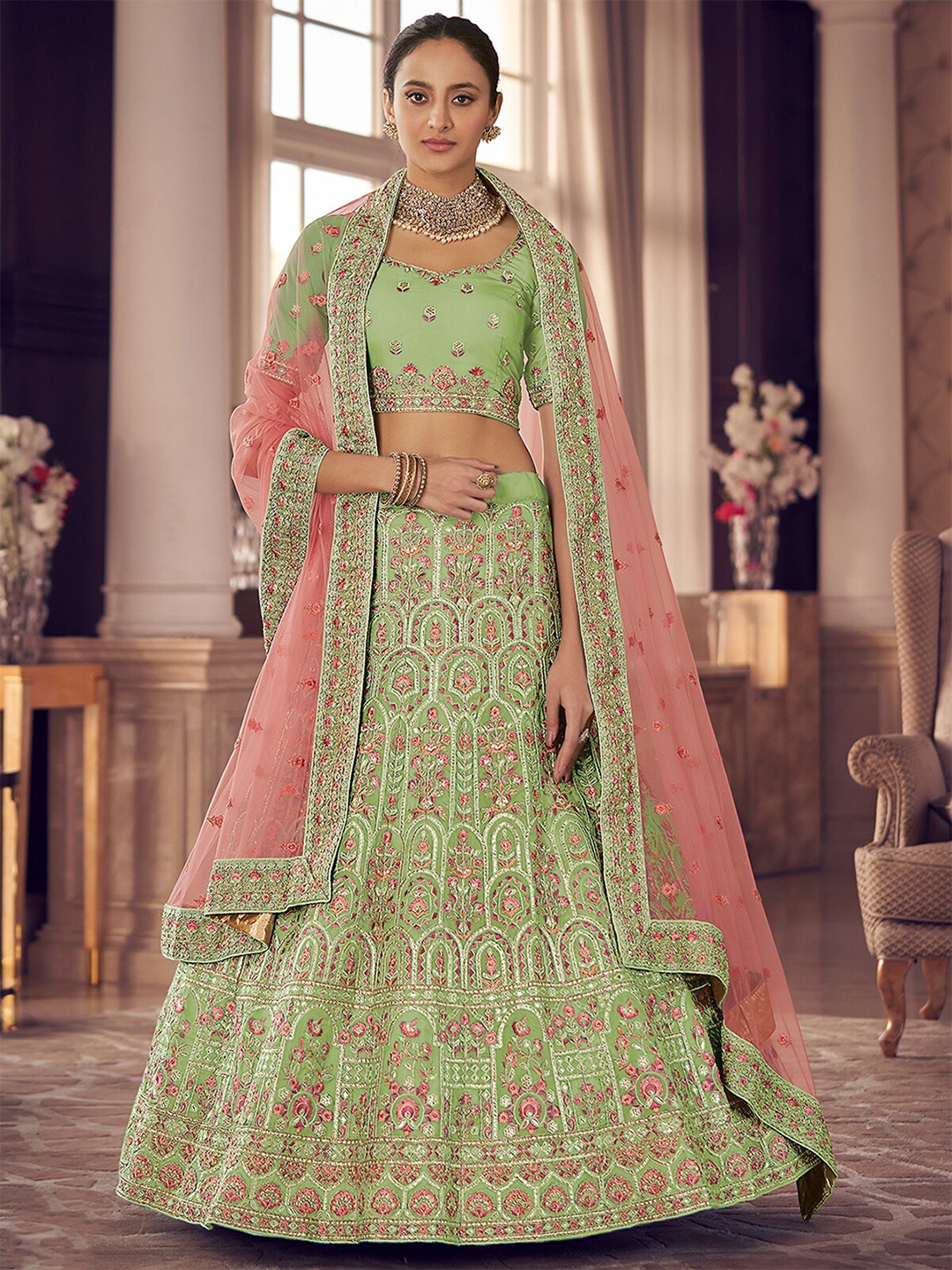 

ODETTE Green & Pink Embroidered Thread Work Semi-Stitched Lehenga & Unstitched Blouse With Dupatta