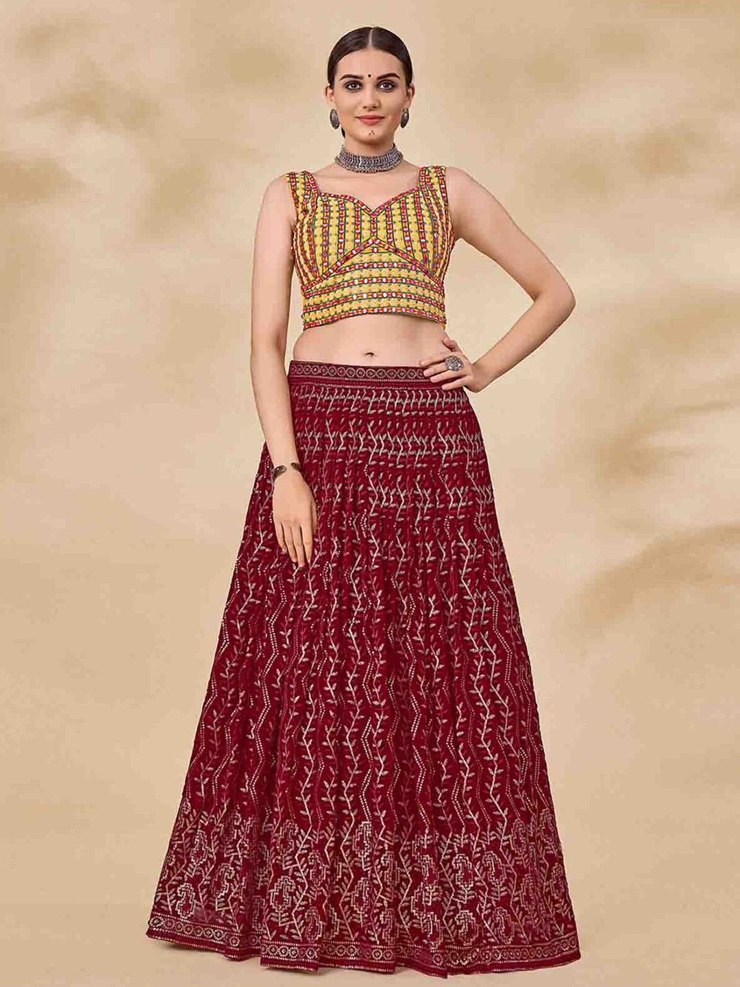 

ODETTE Embroidered Thread Work Semi-Stitched Lehenga & Unstitched Blouse With Dupatta, Maroon