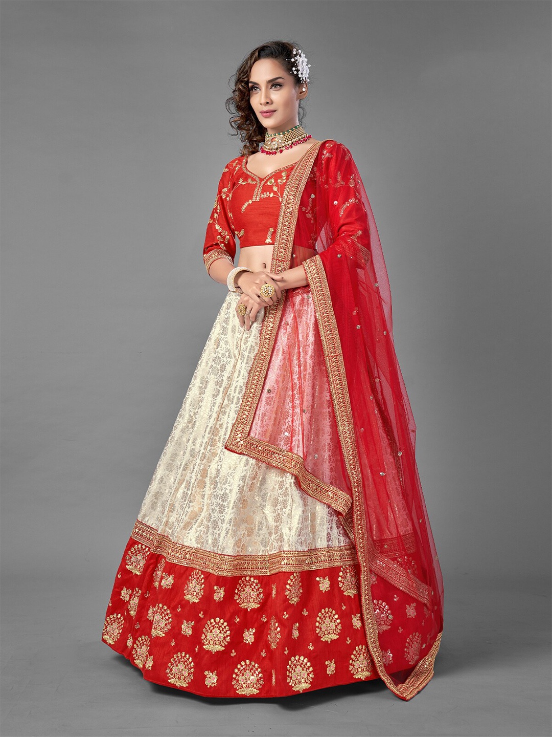 

ODETTE White & Red Embellished Thread Work Semi-Stitched Lehenga & Unstitched Blouse With Dupatta