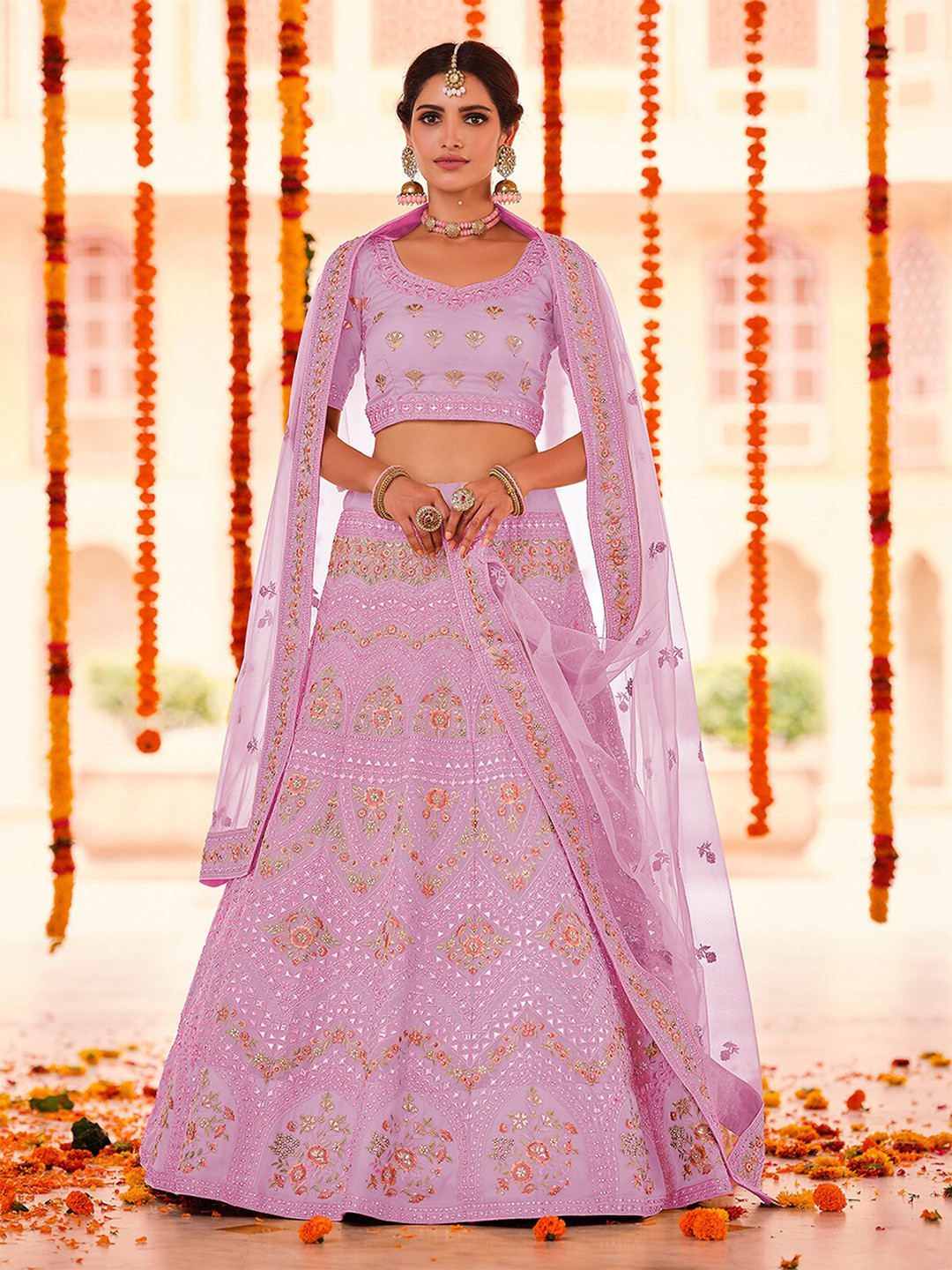 

ODETTE Purple & Green Embroidered Thread Work Semi-Stitched Lehenga & Unstitched Blouse With Dupatta