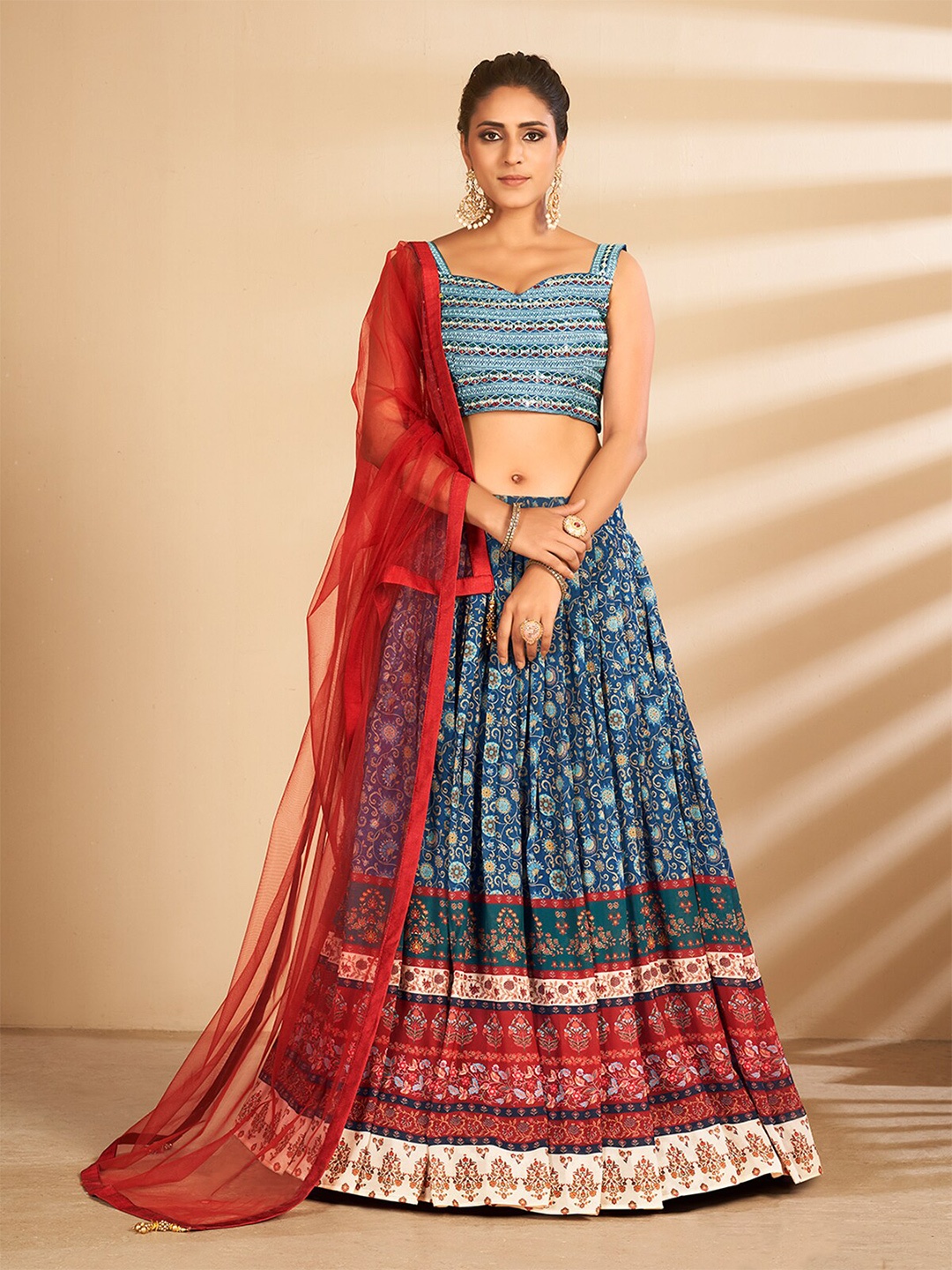 

ODETTE Blue & Red Embroidered Thread Work Semi-Stitched Lehenga & Unstitched Blouse With Dupatta